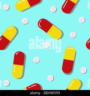 Ein nahtloser Hintergrund mit Pillen und Kapseln. Ein heller, farbenfroher medizinischer Hintergrund. Roter, gelber und blauer Medizinhintergrund. Stock Vektor