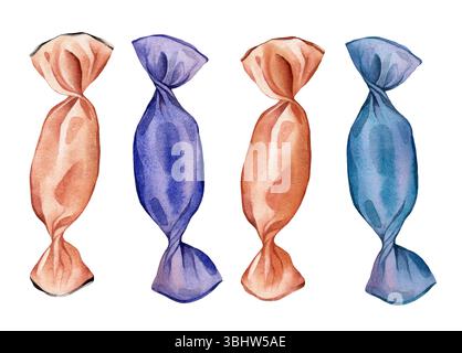 Orange, Blau, lila Farben Süßigkeiten Set für Halloween. Aquarell handgezeichnete Süßigkeiten Illustration für Menü Design, Karten, Einladungen. Stockfoto