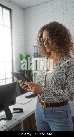 Frau mit lockigem Haar und Brille, die ein Tablet in moderner Büroumgebung verwendet, mit lässiger Kleidung und professioneller Umgebung mit Tageslicht und d Stockfoto