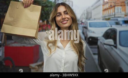 Junge blonde Frau hält Papiertüte und zeigt Finger an Tasche auf einer belebten Stadtstraße; Marketing Promotion Verkauf Shopping. Stockfoto