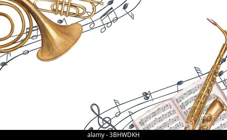 Musikalischer Rahmen mit Horn, Saxophon, Notenbuch und Notennotizen. Aquarellabbildung isolierter Hintergrund. Leeres Leerzeichen für Text. Stockfoto