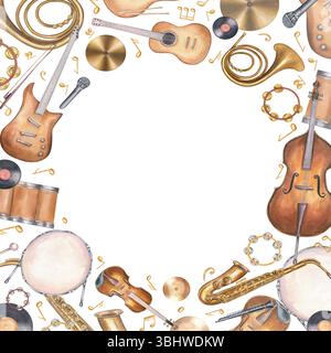 Quadratischer Aquarellrahmen mit Musikinstrumenten und Noten, mit leerem Platz für Text. Gitarre, Schlagzeug, Bass, Saxophon, Geige Illustration isoliert Stockfoto