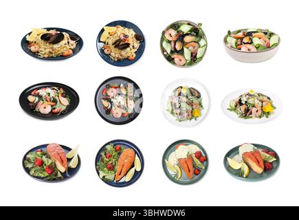 Leckere Gerichte mit Meeresfrüchten isoliert auf weiß, Collage. Draufsicht und Seitenansicht Stockfoto