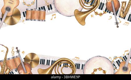 Aquarell-Musikinstrumente und Notenumrandung mit Kopierraum für Text. Holzbläser, Schlagwerk, Strichinstrument Illustration isolierter Hintergrund Stockfoto
