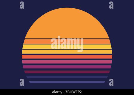 Retro Vaporwave Sun futuristischer Sonnenaufgang. Geometrischer Planet des Cyberpunk. Synthwave Vintage. Sonnenkreis-Retrowellenabstrakt. Vektorabbildung Stock Vektor