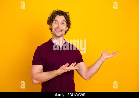 Fröhlicher junger Mann, der mit beiden Händen auf einem leuchtend gelben Hintergrund präsentiert, ein weinrotes Poloshirt trägt, lockige Frisur Stockfoto