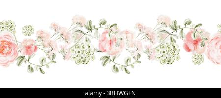 Nahtloser Rand in Aquarellfarben mit rosa Rosen, Pfingstrosen, Zwergrosen und Eukalyptus. Handgemaltes Blumendesign für Hochzeit, Druck und Dekoration. Stockfoto