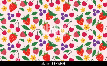 Lebhaftes fruchtiges Muster mit Cartoon-Erdbeeren, Himbeeren, Heidelbeeren, Kirschen, Blumen und grünen Blättern, die zufällig verstreut sind. Fröhlich nahtlos d Stock Vektor