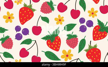 Helles nahtloses Muster mit Erdbeeren, Heidelbeeren, Himbeeren, Kirschen, Blumen, und Blätter im flachen Cartoon-Stil. Farbenfroher fruchtiger Hintergrund mit Stock Vektor