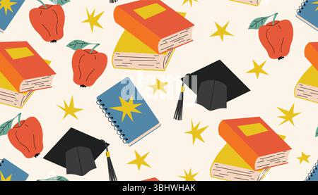 Nahtloses Muster im Back-to-School-Thema mit flachen Comic-Büchern, Schülerhut, rotem Apfel, Notizbuch und winzigen Sternen. Lustiges und farbenfrohes Design Stock Vektor