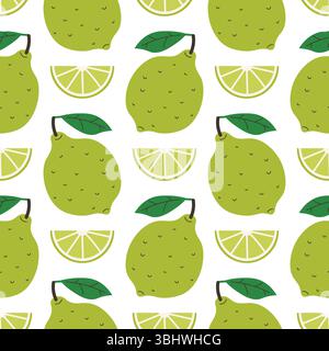 Nahtloses Muster mit ganzer grüner Limette und Limettenkeil im flachen Cartoon-Stil, angeordnet in Punktreihenfolge auf weißem Hintergrund. Frisches, saftiges Design Stock Vektor