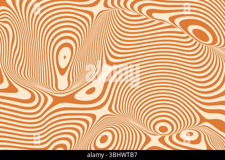 Abstraktes wellenförmiges Linienmuster mit fließenden, organischen Formen in Orange- und Beigetönen mit optischen Illusionseffekten, verzerrten Konturen und modernem GE Stock Vektor