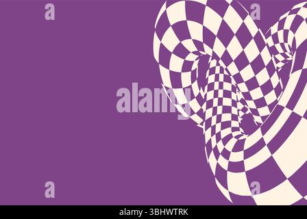 Abstrakter 3D-Torus mit einem lila und cremefarbenen Karomuster. Optisches Illusionsdesign mit verzerrten geometrischen Formen und surrealer Tiefe, Crea Stock Vektor