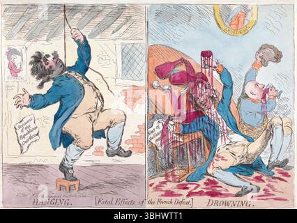Ein gedruckter farbiger Gravur mit tödlicher Wirkung der französischen Niederlage Hängen und Ertrinken 1795 Aquarellätzung auf Papier Vintage 18. Jahrhundert von James Gillray erstellt antikes Druckkunstwerk menschliche Karikaturen, satirischer Druck politische Satire Zeichentrickfilm antike Druck, zeigt eine Figur Charles James Fox, einen britischen Staatsmann, der die Französische Revolution unterstützte und sich in Verzweiflung hängte, während andere den Sieg feiern Stockfoto