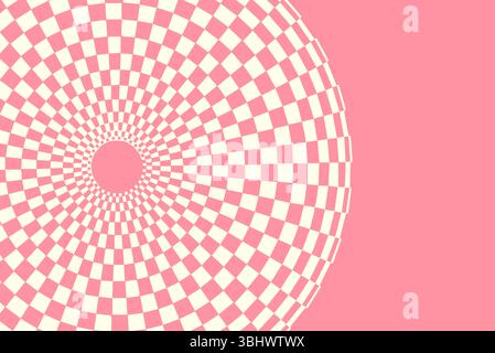 Abstrakte optische Illusion mit einem rosa und cremefarbenen karierten Wirbel. Geometrischer Tunneleffekt mit einer verzerrten Perspektive, die ein hypnotisches und surreales d erzeugt Stock Vektor