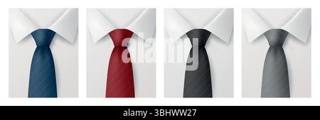 Vektor-Set Mit Kragen Für Herren. Realistische rote, blaue, schwarze und graue Krawatte Illustration für Business Outfit, Bürostil, formelle Mode Stock Vektor