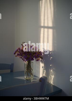 Florale Schatten von getrocknetem Bouquet auf weißer mediterraner Wand. Stockfoto