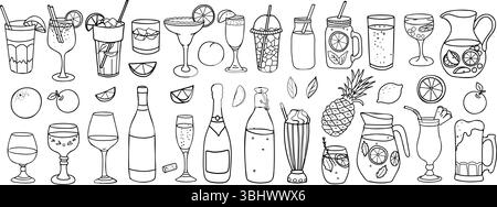 Getränke und Obst-Set. Cocktails, Wein, Bier und Whiskey. Limonade, Milchshake, Wasser, Soda, Eistee und Smoothie. Zitrone, Orange, Ananas, Apfel und Stock Vektor