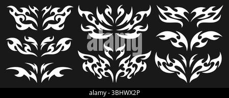 Vektorsatz von NEO Tribal y2k Tattoo. Neotribale Trennungen, symmetrische abstrakte Formen oder Cyber-Sigisma-Elemente. Weiße keltische gotische Körperschmuck. EMO Schmetterlingsaufkleber mit Flügeln und Dämonenherzen. Stock Vektor