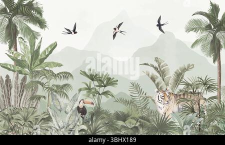Minimalistische Wildlife Fototapete: Sanfte Elefanten, Zebras, Tukane im weichen grünen Wald Stockfoto