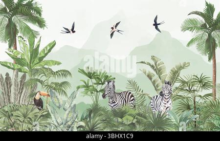 Minimalistische Wildlife Fototapete: Sanfter Tiger, Zebra, Sloth, Tucan im weichen grünen Wald Stockfoto