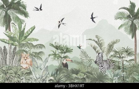 Fototapete für Aged Wildlife: Faded Brown Tiger, Zebra, Sloth, Tucan im tropischen Wald Stockfoto