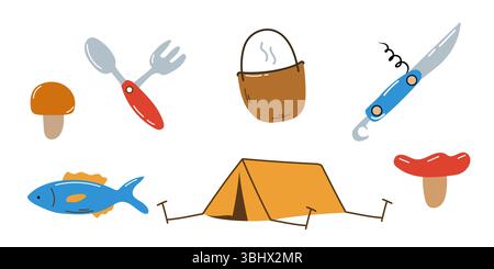 Wanderset mit Zelt, Pilzen, Fisch. Lagerfeuer-Elemente. Stock Vektor