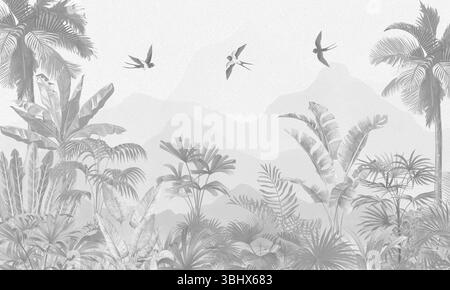 Moderne Natur Wandgemälde: Graue Palmen, Exotische Pflanzen Und Fliegende Vögel Stockfoto