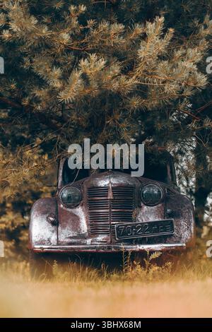 Altes sowjetisches rostiges Auto im Wald verlassen Stockfoto
