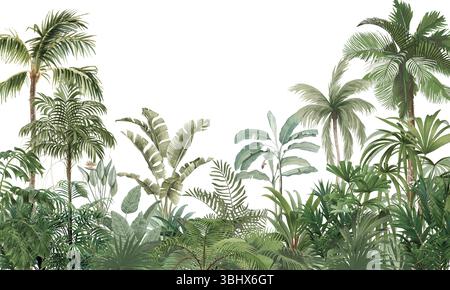 Moderne Natur Wandgemälde: Graue Palmen, Exotische Pflanzen Und Fliegende Vögel Stockfoto