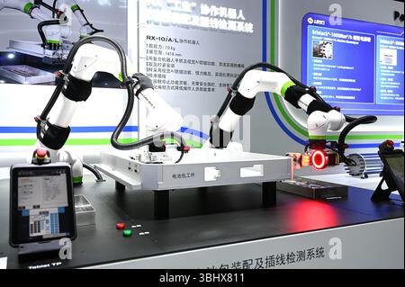 SHANGHAI, CHINA - 11. JUNI 2025 - ein „industrieller“ kollaborativer Roboter führte am 11. Juni 2025 auf der China (Shanghai) International Technology Fair (CSITF) in Shanghai, China, eine Demonstration durch. Stockfoto