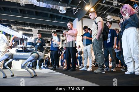 SHANGHAI, CHINA - 11. JUNI 2025 - Ein Roboterhund wurde am 11. Juni 2025 auf der China (Shanghai) International Technology Fair (CSITF) in Shanghai, China, ausgestellt. Stockfoto