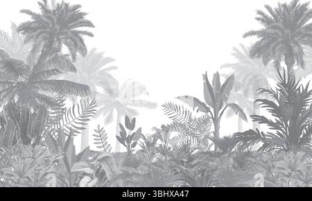 Moderne Natur Wandgemälde: Graue Palmen, Exotische Pflanzen Und Fliegende Vögel Stockfoto