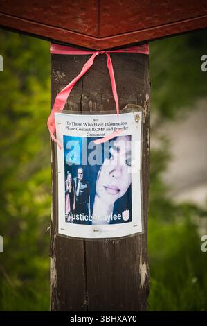 Ein Poster für eine vermisste indigene Frau in der Nähe des Dorfes Hazelton BC, entlang des Highway 16. Der Highway 16 ist bekannt als der Highway der Tränen und ist bekannt für den amo Stockfoto