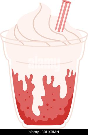 Erfrischendes Soda-Float mit Schlagsahne und rosa gestreiftem Stroh in durchsichtigem Plastikbecher. Süß, leicht und köstlich. Abbildung des Materialvektors Stock Vektor