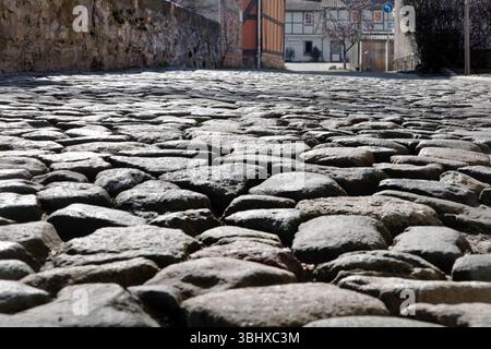 Kopfsteinpflaster in der Altstadt von Wernigerode, Deutschland, Sachsen-Anhalt, Harz, Wernigerode Stockfoto