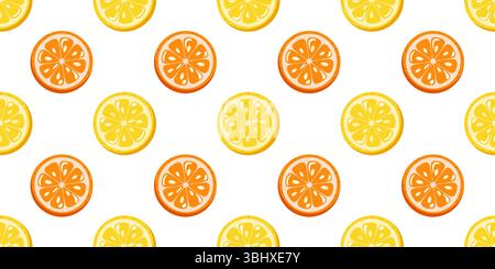 Nahtloses Sommermuster mit Orangen- und Zitronenscheiben auf weißem Hintergrund. Hintergrund des Zeichentrickvektors. Stock Vektor