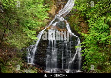 Die ruhigen und ruhigen Moss Glen Falls fließen sanft über die Felsen und in einen Teich in Vermont Stockfoto