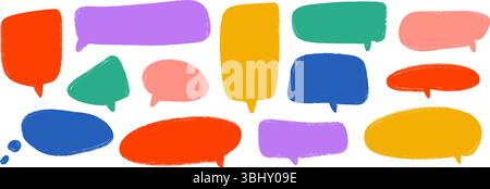 Farbige handgezeichnete Sprechblasen-Sammlung. Verspieltes Dialogfeld mit gekritzelten Markierungen. Strukturierte Comic-Talk-Frames. Hell skizziertes Chatbox-Paket. Textfeld-Paket mit rotem und blauem Stücklistensymbol. Vektor Stock Vektor