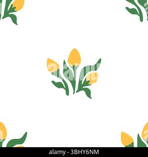 Nahtloses Vektormuster mit gelben Tulpensträußen und grünen Blättern auf einem weißen Hintergrund in flacher Art Stock Vektor