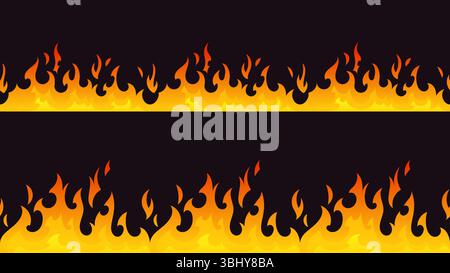 Nahtloses Muster der Feuergrenze - orange gelbe Flammen auf schwarzem Hintergrund, brennende Kante Design mit verlaufendem Wärmeeffekt, horizontale Flammendekoration, heiße Gefahr Warnstreifen Trennstreifen. Stock Vektor