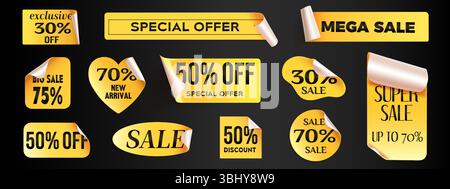 Goldene Rabattabzeichen-Stickerkollektion mit abziehbaren Ecken auf schwarzem Hintergrund. Gelbe Verkaufsetiketten mit verschiedenen Angeboten – exklusive Banner für Mega-Angebote, Farbbänder für Sonderangebote. Werbetetiketten für den Einzelhandel. Stock Vektor