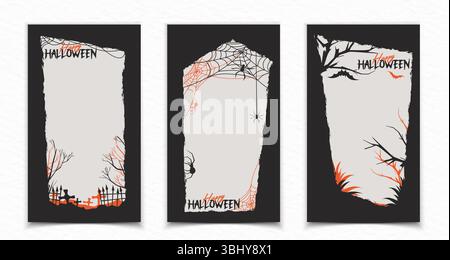 Halloween Social-Media-Rahmenvorlagen mit gruseligen Silhouetten. Vertikale Designs mit Spinnennetzen, Friedhofszaun und Gräbern, gruseligen Bäumen, Fledermäusen in Schwarz und Orange. Die Grenzen der gotischen Geschichte. Stock Vektor
