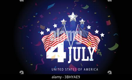 Glückliche 4. Juli Kalligraphie mit Feuerwerk im Nachthimmel – bunter festlicher Vektor-Hintergrund Stock Vektor