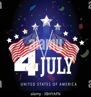 Glückliche 4. Juli Kalligraphie mit Feuerwerk im Nachthimmel – bunter festlicher Vektor-Hintergrund Stock Vektor