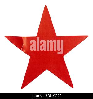 Roter sternförmiger Aufkleber isoliert auf weiß. Stockfoto