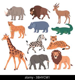 Flache Vektor-Illustration Set von Wildtieren einschließlich Nashörner, Bisons, Antilopen, Geparden, Nilpferde, Krokodil, Giraffe, Zebra, Tiger, Elefant Stock Vektor
