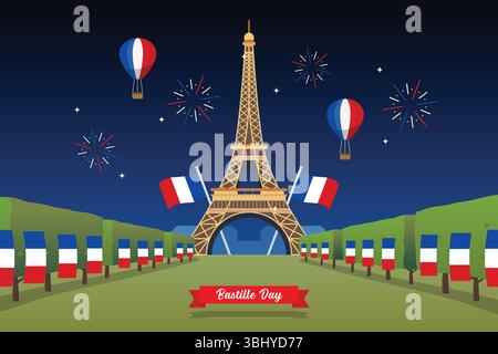 Bastille-Tag am Eiffelturm. Eiffelturm und Feuerwerk. Designvorlage für Bastille Day. Vektorabbildung Stock Vektor