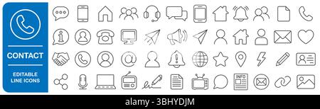 Bearbeitbare Liniensymbole für Kontakte und Verbindungen. Sammlung von Symbolen für die Geschäftskommunikation, E-Mail, Telefon, Adresse, Kundenservice, rufen Sie an, Website. Vec Stock Vektor