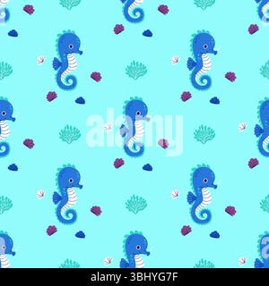 Nahtloses Unterwasser-Muster. Niedliches Meeresseepferd auf blauem Hintergrund mit Muscheln und Korallen. Vektorabbildung in abgewickelter Form. Kinderkollektion Stock Vektor